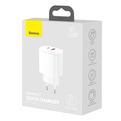 Baseus Chargeur réseau compact, 20W, 3A, 1 x USB-A - 1 x USB-C, blanc CCXJ-B02