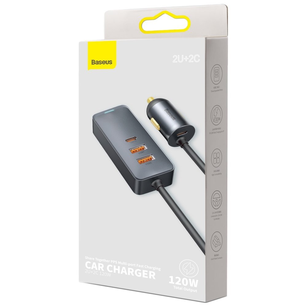 Chargeur de voiture Baseus Share Together, 120W, 3A, 2 x USB-A - 2 x USB-C, Gris CCBT-A0G