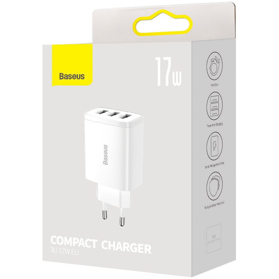 Baseus Chargeur réseau compact 3U, 17W, 2.1A, 3 x USB-A, blanc CCXJ020102