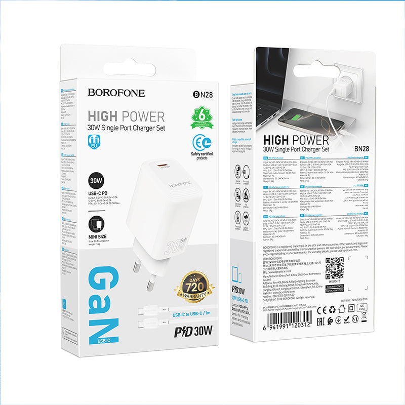 Chargeur réseau avec câble USB-C Borofone BN28 Fuente, 30W, 3A, 1 x USB-C, Blanc