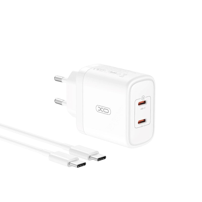 Chargeur réseau avec câble USB-C XO Design CE08, 50W, 3A, 2 x USB-C, blanc