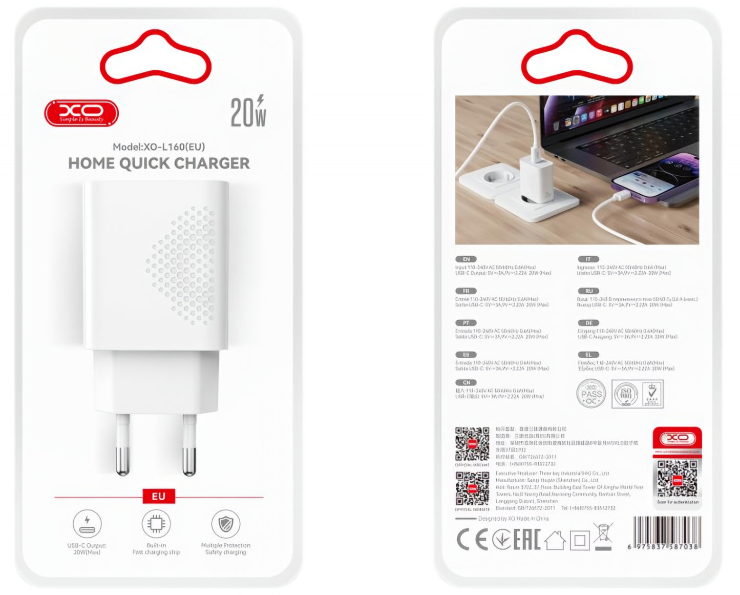 Chargeur Réseau USB-C XO Design L160, 20W, 3A, 1 x USB-C, Blanc
