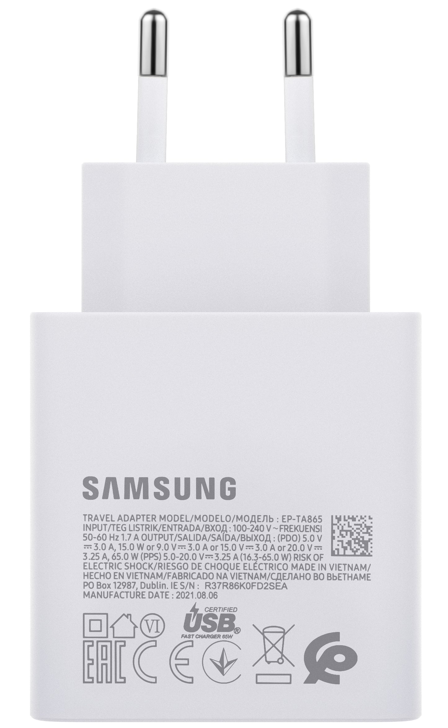 Chargeur réseau Samsung EP-TA865W, 65W, 3,25A, 1 x USB-C, blanc GP-PTU020SODWQ GP-PTU020SODWQ