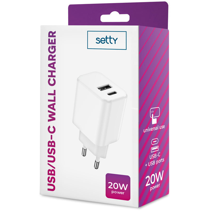 Chargeur réseau Setty, 20W, 3A, 1 x USB-A - 1 x USB-C, blanc