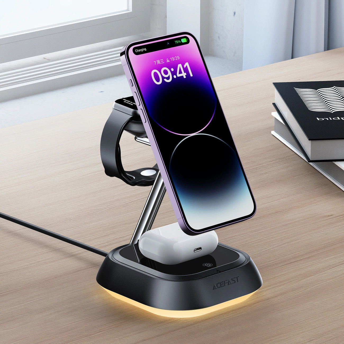 Chargeur réseau sans fil Acefast E16 3in1, 15W, 1.67A, Noir 