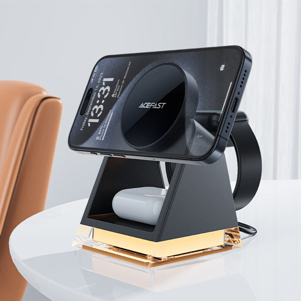 Chargeur Réseau Sans Fil Acefast E17 3-en-1, 15W, 1.67A, Noir