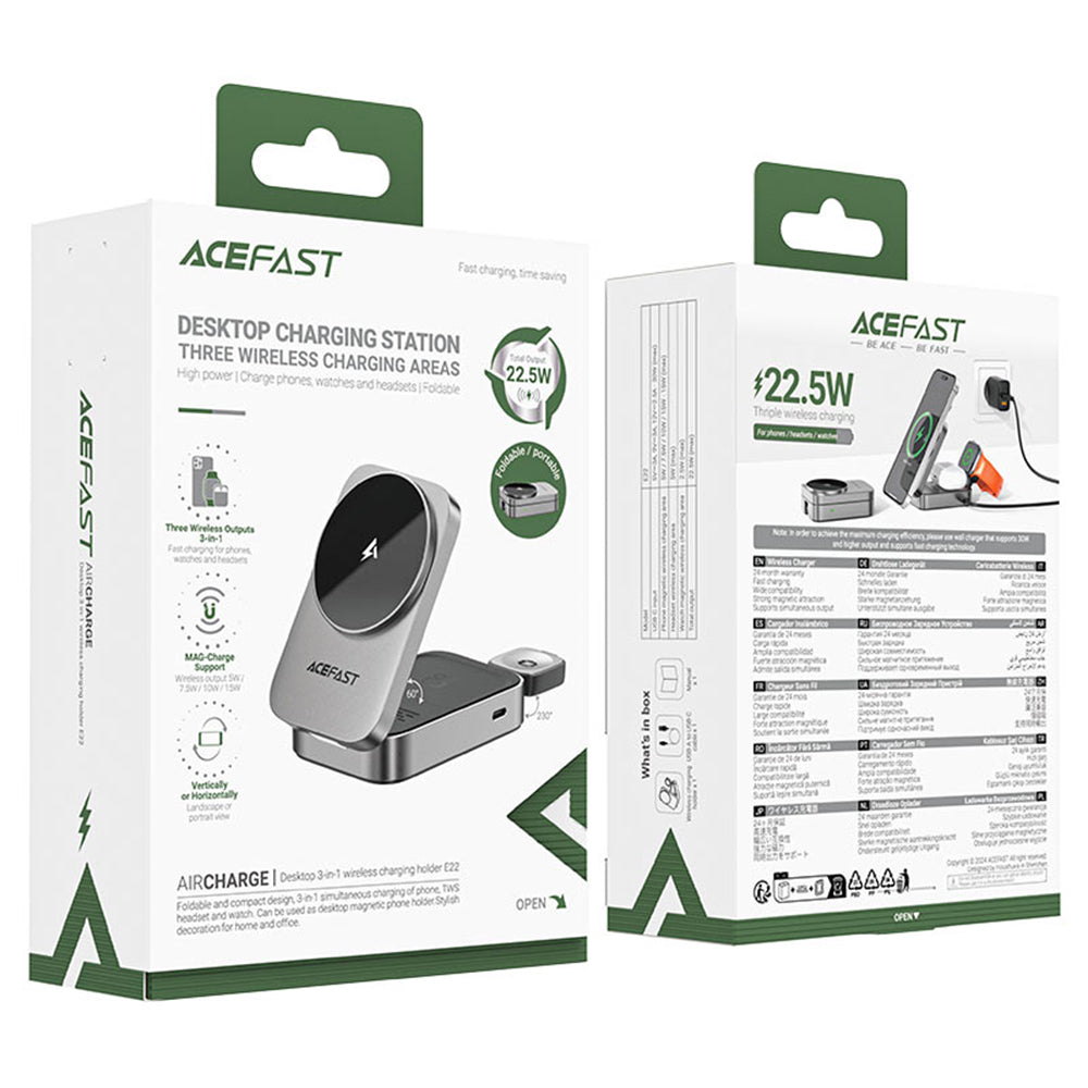 Chargeur Réseau Sans Fil Acefast E22 3en1, 22.5W, 1.67A, Gris