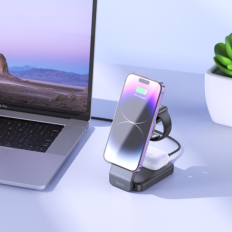 Chargeur Réseau Sans Fil HOCO CQ3 3en1, 15W, 1.67A, Noir