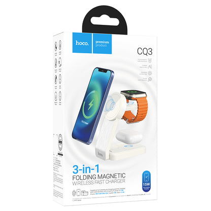 Chargeur Réseau Sans Fil HOCO CQ3 3en1, 15W, 1.67A, Blanc