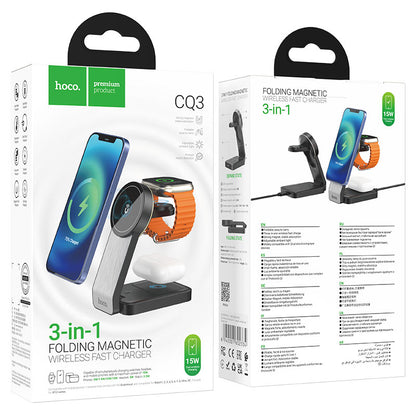 Chargeur Réseau Sans Fil HOCO CQ3 3en1, 15W, 1.67A, Noir