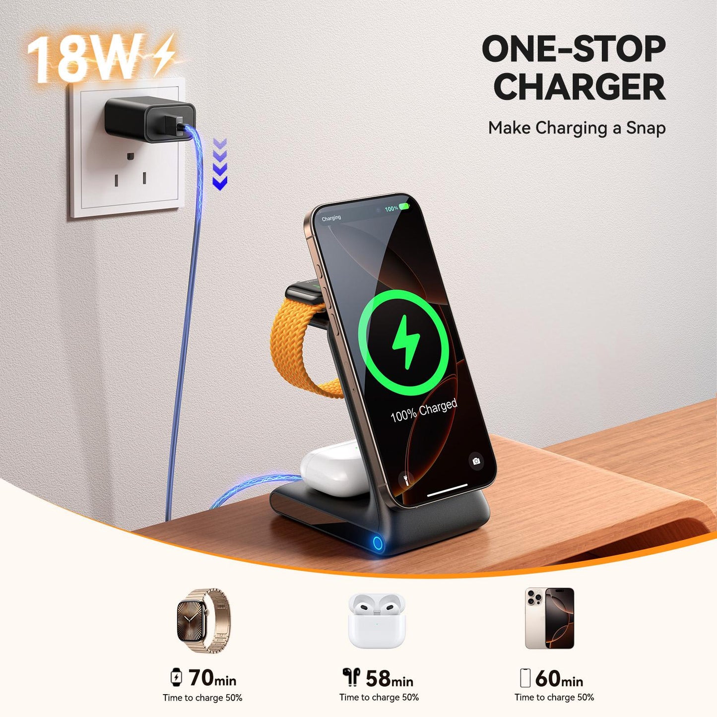 Chargeur Réseau Sans Fil Joyroom JR-W15 3en1, 15W, 1.67A, Noir