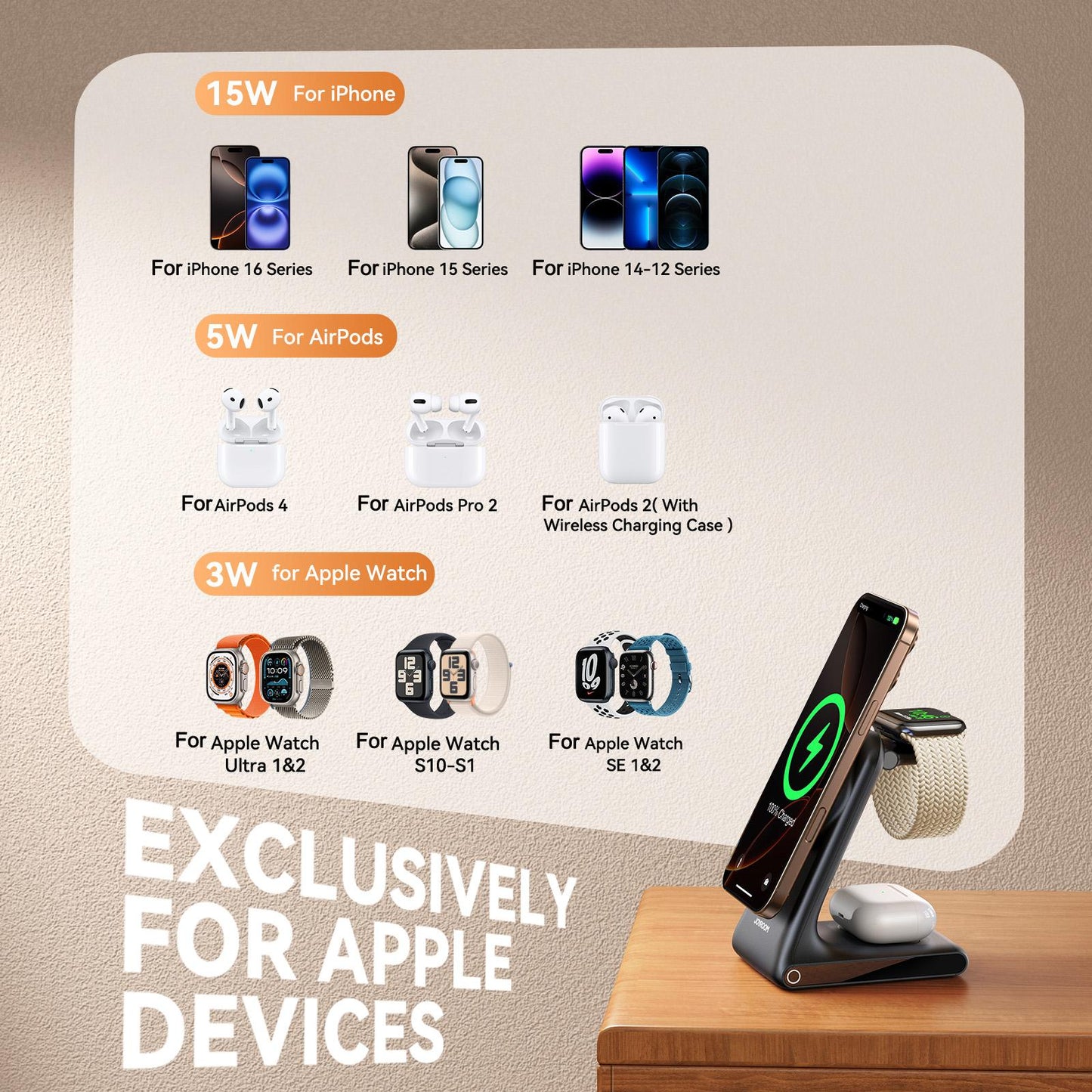 Chargeur Réseau Sans Fil Joyroom JR-W15 3en1, 15W, 1.67A, Noir