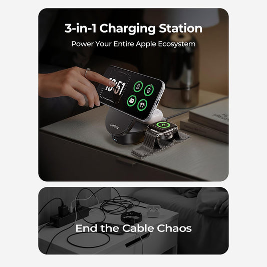 Chargeur Réseau Sans Fil Lisen W121 3en1, 25W, Noir YL0325080017