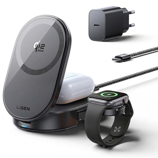 Chargeur Réseau Sans Fil Lisen W121 3en1, 25W, Noir YL0325080017