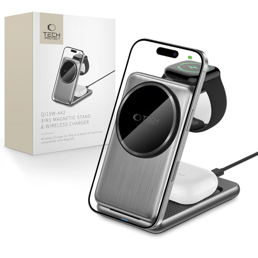 Chargeur Réseau Sans Fil Tech-Protect A42 3en1, 15W, 1.67A, Gris