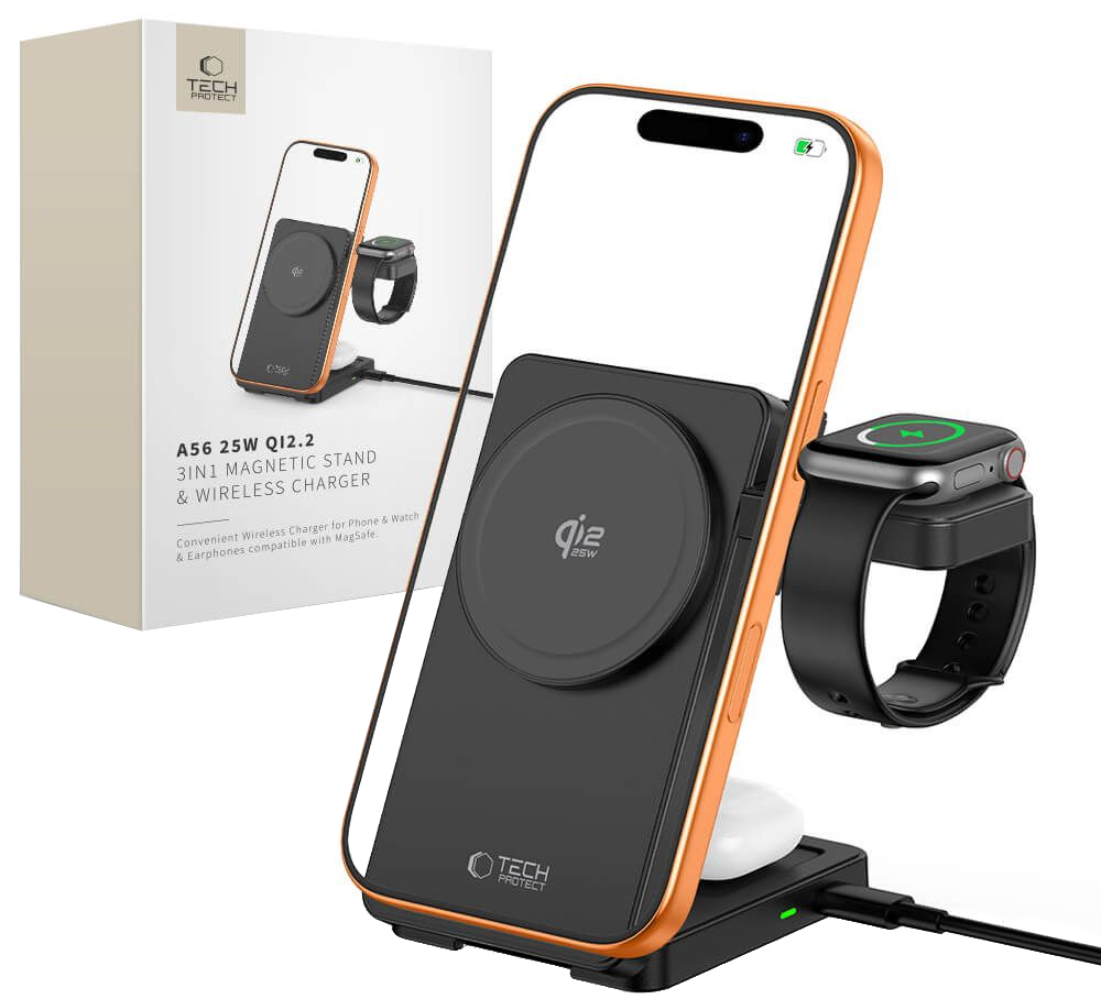 Chargeur Secteur Sans Fil Tech-Protect A56 3en1, 25W, Noir
