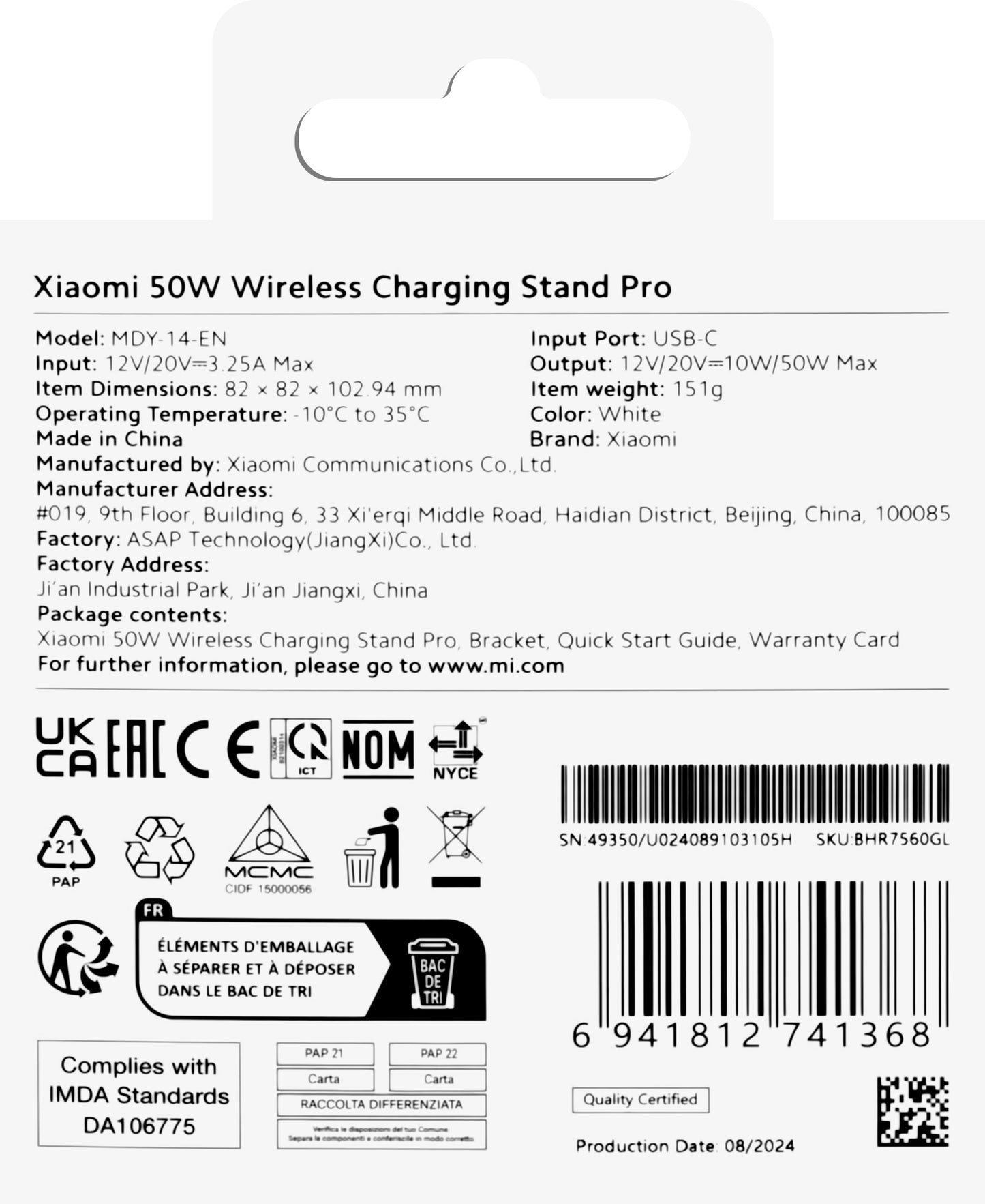 Chargeur réseau sans fil Xiaomi Stand Pro, 50W, blanc BHR7560GL 