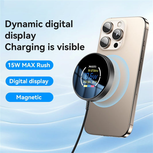 Chargeur Réseau Sans Fil Yesido DS28 Display, 15W, 1.67A, Noir