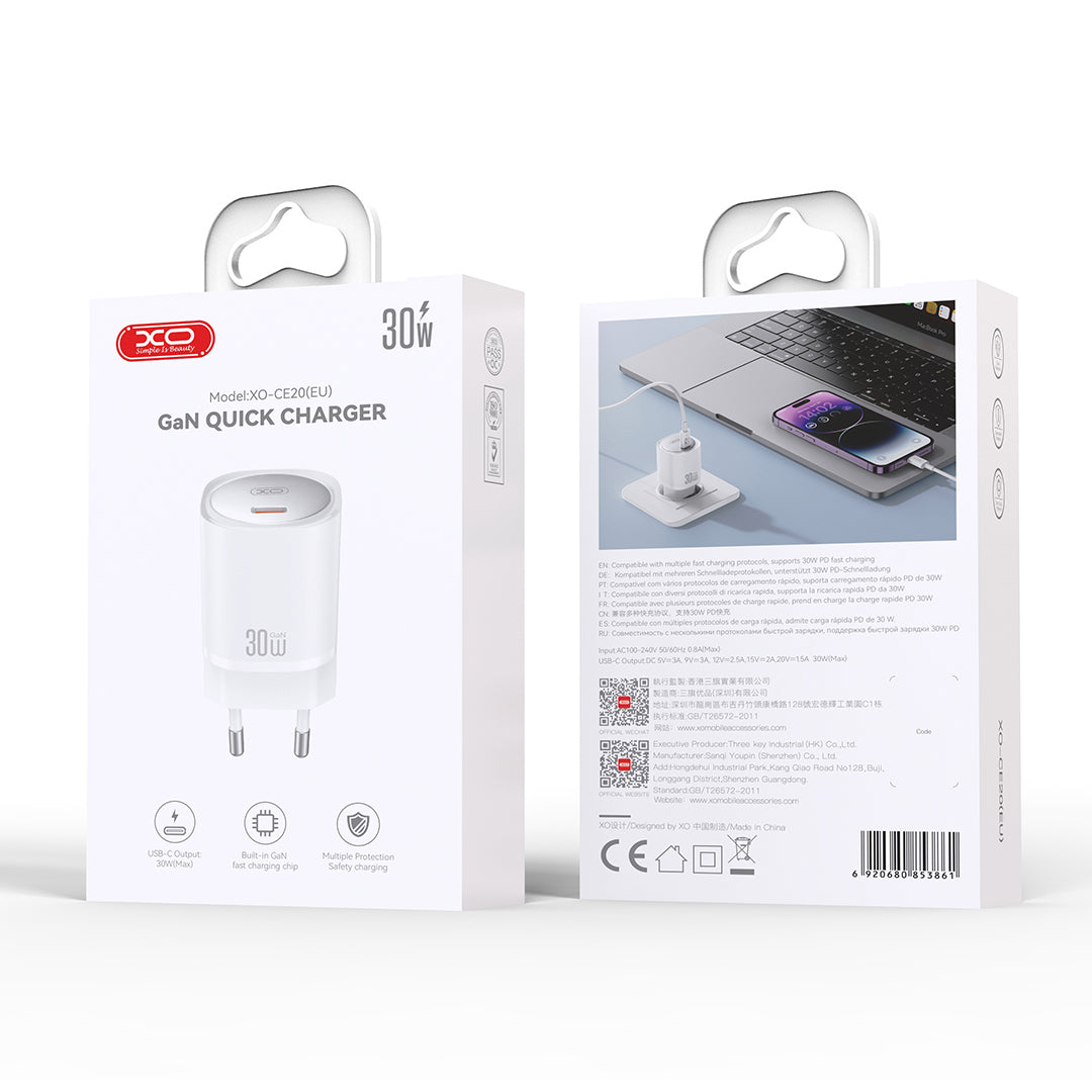 Chargeur réseau XO Design CE20, 30W, 3A, 1 x USB-C, blanc 