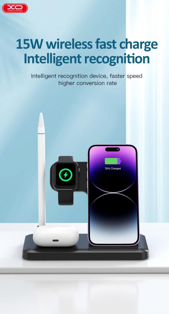Chargeur Réseau Sans Fil XO Design WX033 4en1, 15W, 1.67A, Noir