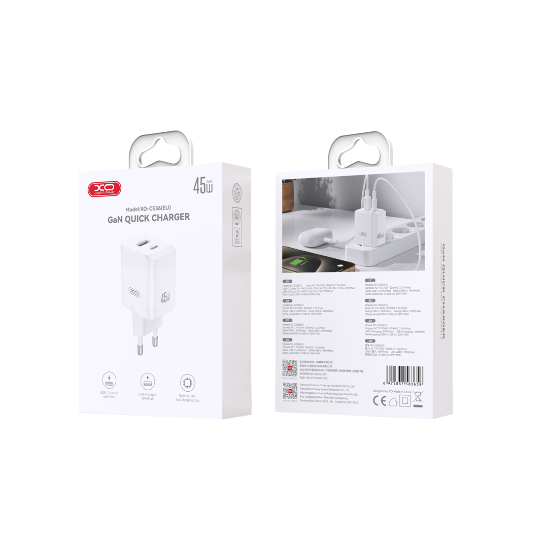 Chargeur Réseau XO Design CE36, 45W, 3A, 1 x USB-A - 1 x USB-C, Blanc