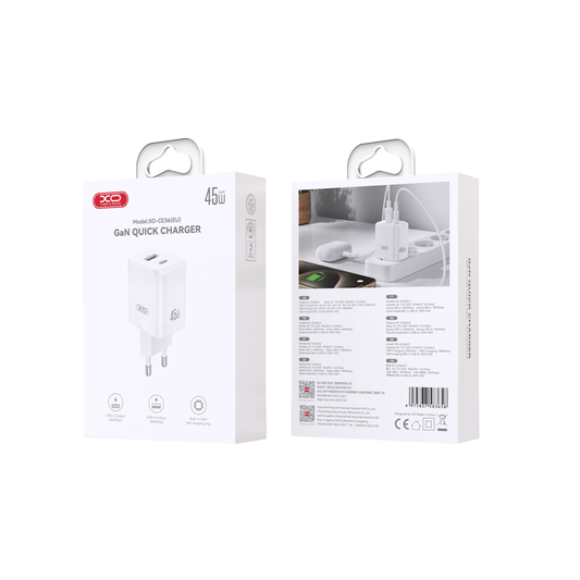 Chargeur Réseau XO Design CE36, 45W, 3A, 1 x USB-A - 1 x USB-C, Blanc
