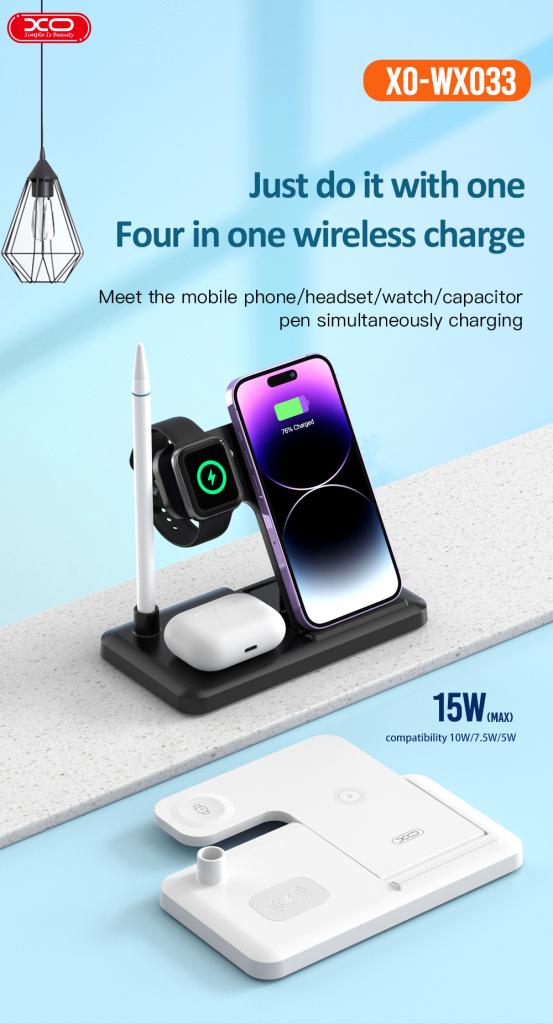 Chargeur Réseau Sans Fil XO Design WX033 4en1, 15W, 1.67A, Noir