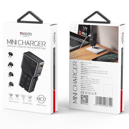 Chargeur réseau Yesido MC17 Travel, 20W, 3A, 1 x USB-A - 1 x USB-C, Noir 