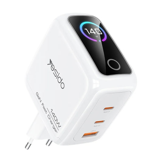 Chargeur secteur Yesido YC114 avec écran, 140W, 5A, 1 x USB-A - 2 x USB-C, Blanc