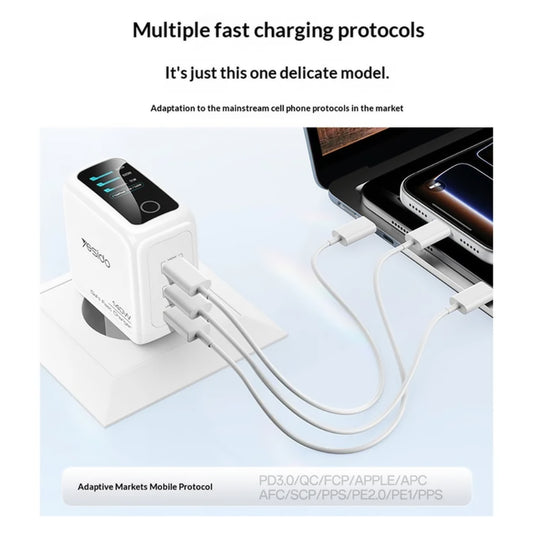 Chargeur secteur Yesido YC114 avec écran, 140W, 5A, 1 x USB-A - 2 x USB-C, Blanc