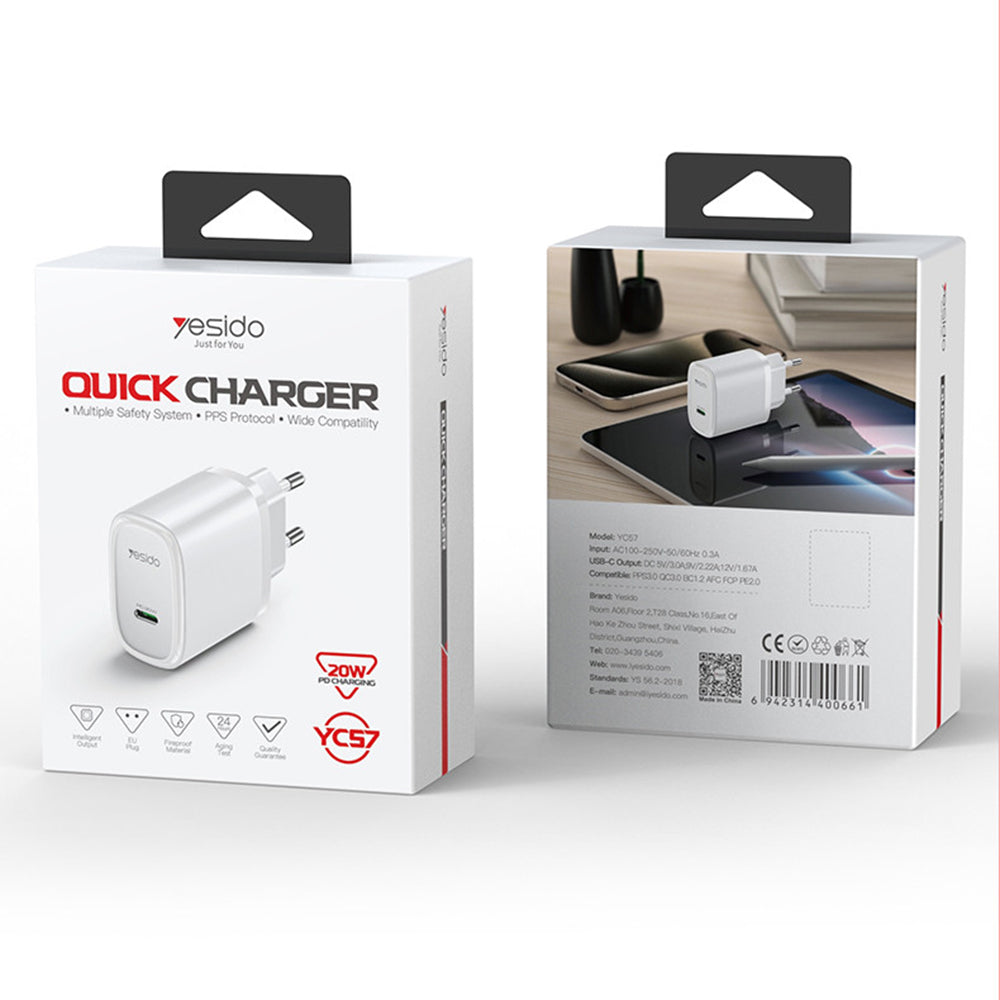Chargeur Réseau Yesido YC57, 20W, 3A, 1 x USB-C, Blanc
