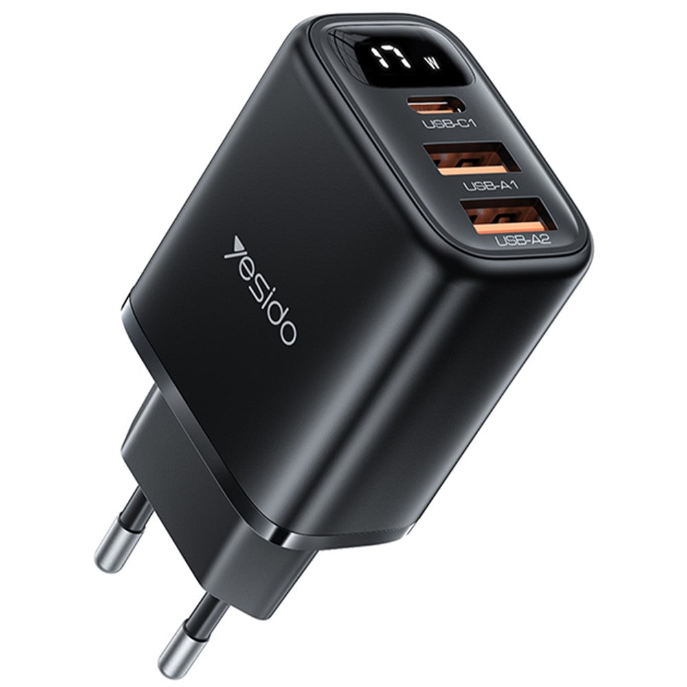 Chargeur Réseau Yesido YC67 Display, 17W, 2.4A, 2 x USB-A - 1 x USB-C, Noir