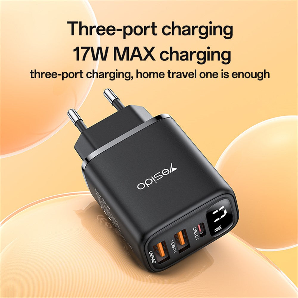 Chargeur Réseau Yesido YC67 Display, 17W, 2.4A, 2 x USB-A - 1 x USB-C, Noir