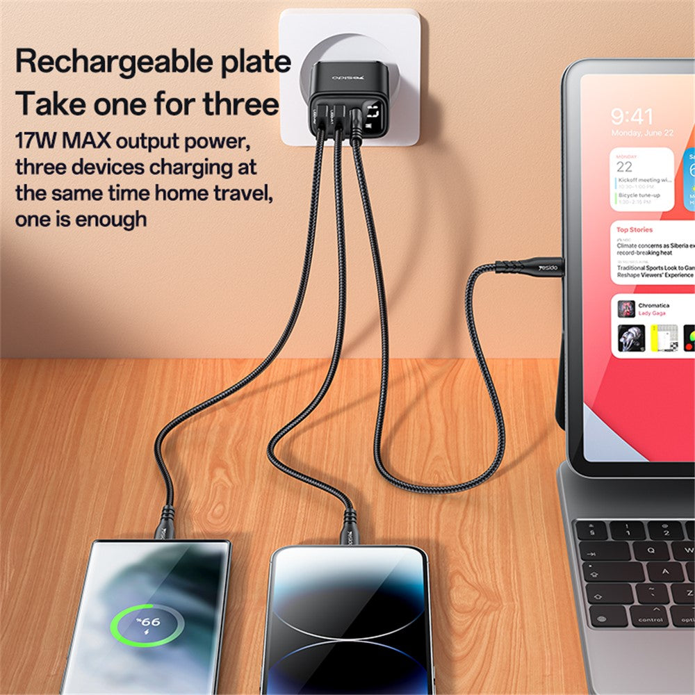 Chargeur Réseau Yesido YC67 Display, 17W, 2.4A, 2 x USB-A - 1 x USB-C, Noir