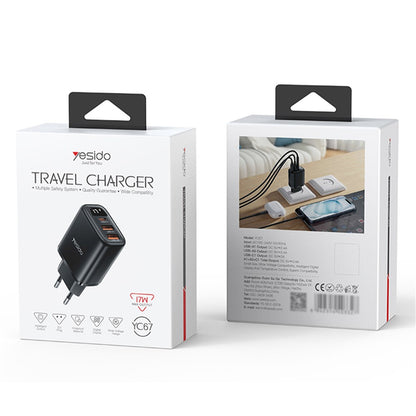 Chargeur Réseau Yesido YC67 Display, 17W, 2.4A, 2 x USB-A - 1 x USB-C, Noir