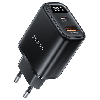 Yesido YC68 Network Charger, 20W Display, 3A, 1 x USB-A - 1 x USB-C, Black