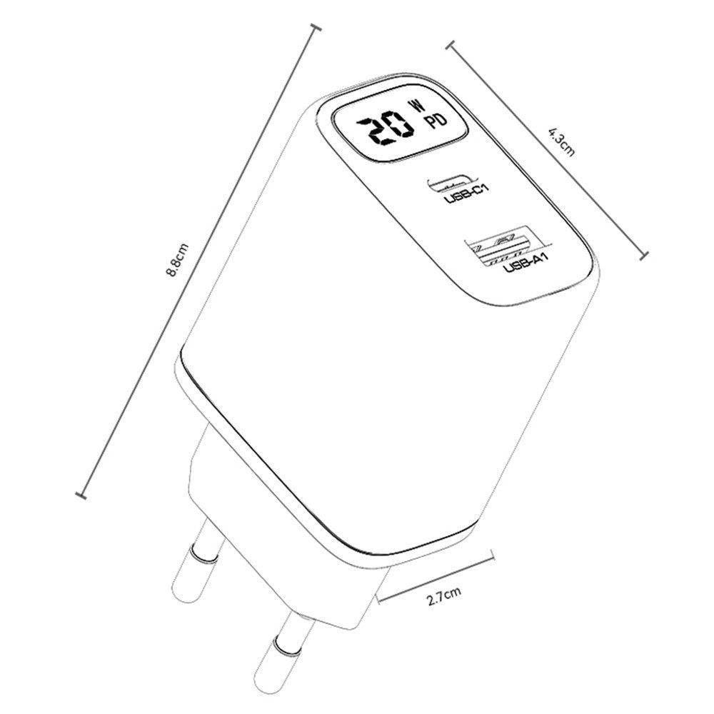 Yesido YC68 Network Charger, 20W Display, 3A, 1 x USB-A - 1 x USB-C, Black