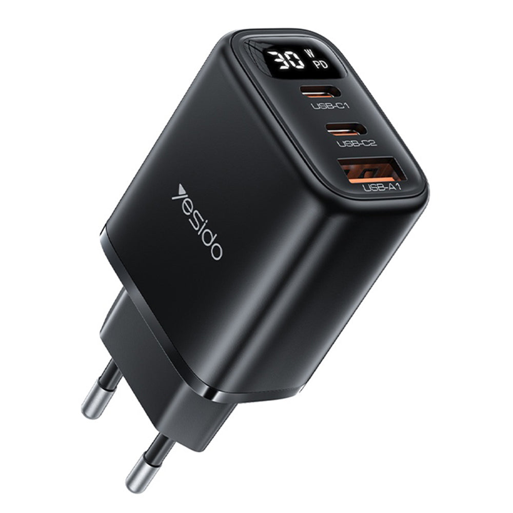 Chargeur Réseau Yesido YC69 Display, 30W, 3A, 1 x USB-A - 2 x USB-C, Noir