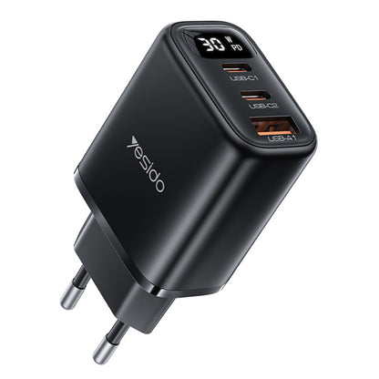 Chargeur Réseau Yesido YC69 Display, 30W, 3A, 1 x USB-A - 2 x USB-C, Noir