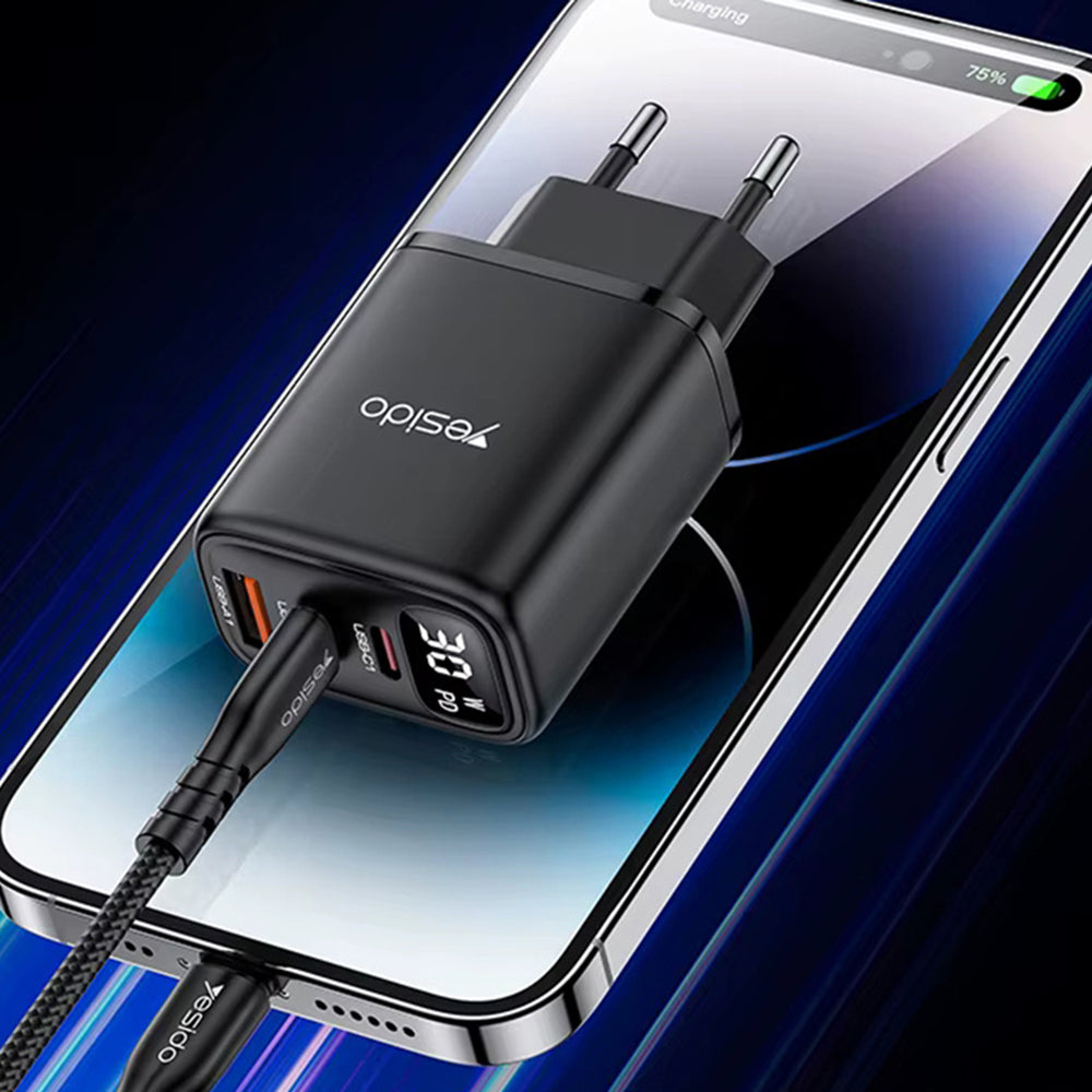 Chargeur Réseau Yesido YC69 Display, 30W, 3A, 1 x USB-A - 2 x USB-C, Noir