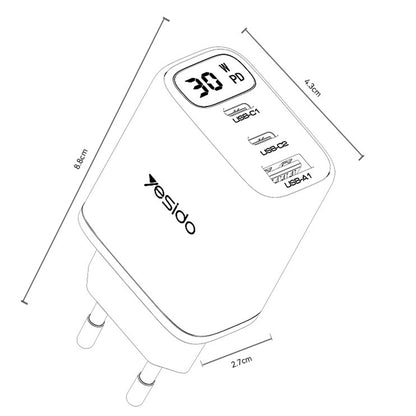 Chargeur Réseau Yesido YC69 Display, 30W, 3A, 1 x USB-A - 2 x USB-C, Noir