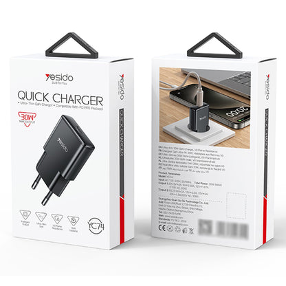Chargeur Réseau Yesido YC74, 30W, 3A, 1 x USB-C, Noir