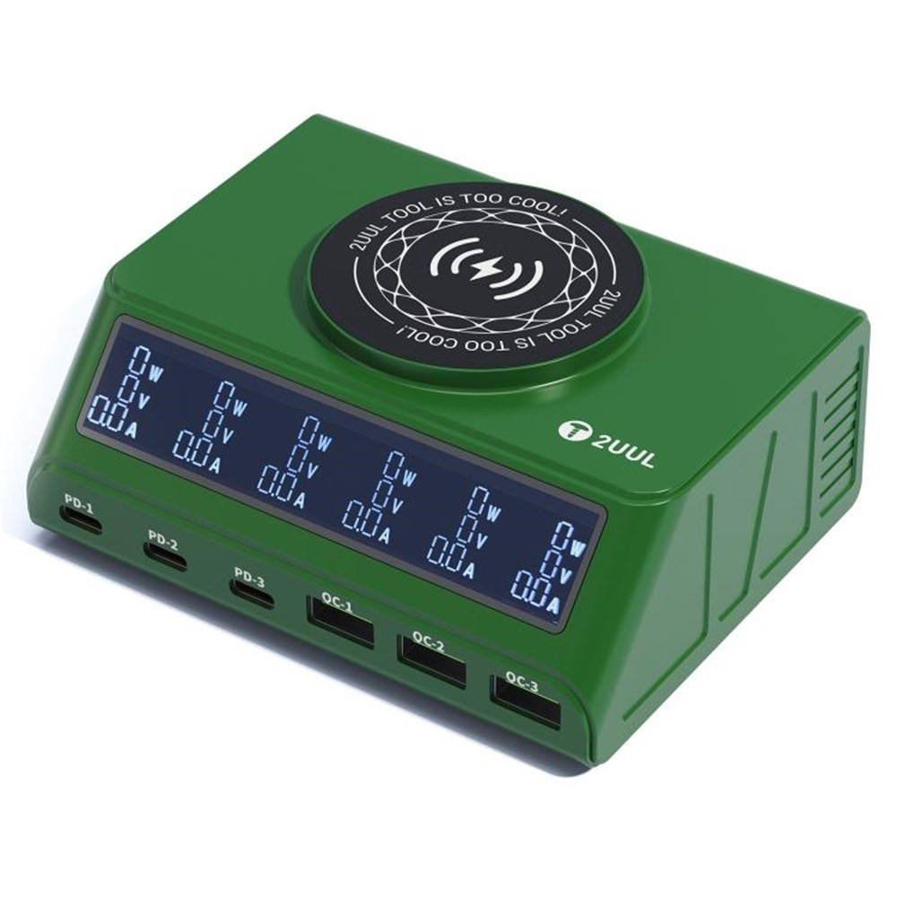 Chargeur Station 2UUL PC11 QI, 110W, 3A, 3 x USB-A - 3 x USB-C, Vert