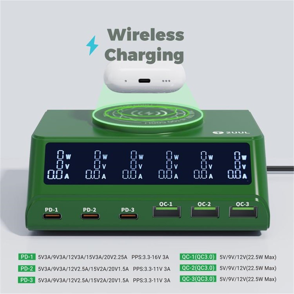 Chargeur Station 2UUL PC11 QI, 110W, 3A, 3 x USB-A - 3 x USB-C, Vert
