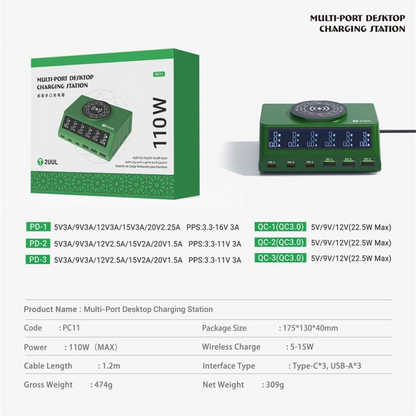 Chargeur Station 2UUL PC11 QI, 110W, 3A, 3 x USB-A - 3 x USB-C, Vert