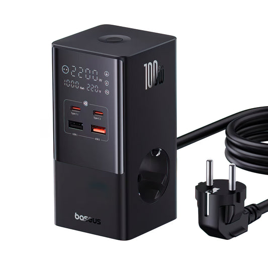 Baseus PowerCombo Tower Charging Station, 100W, 5A, 2 x Schuko - 2 x USB-A - 2 x USB-C, Black E00023609113-00