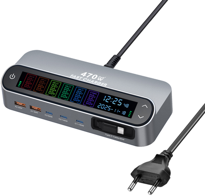 Station de charge avec câble USB-C OEM LCD470W, 470W, 5A, 2 x USB-A - 3 x USB-C, Gris