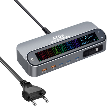 Station de charge avec câble USB-C OEM LCD470W, 470W, 5A, 2 x USB-A - 3 x USB-C, Gris