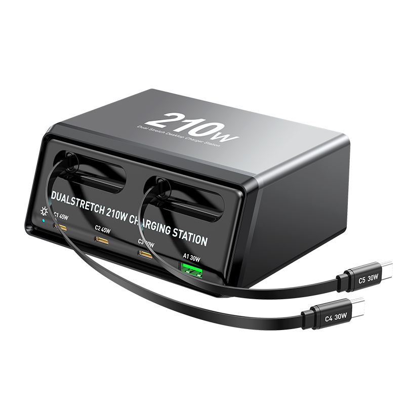 Station de charge avec câble USB-C OEM WLX-60E, 210W, 3A, 1 x USB-A - 3 x USB-C, Gris