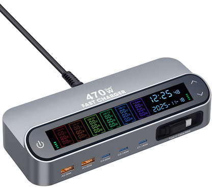 Station de charge avec câble USB-C OEM LCD470W, 470W, 5A, 2 x USB-A - 3 x USB-C, Gris